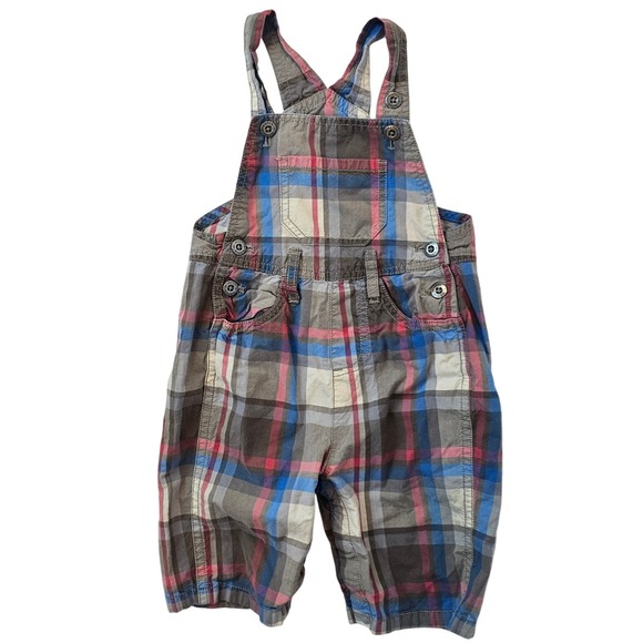 Boden Baby Plaid Brown Overalls Boys Long Shorts Size 12-18 Months - Picture 1 of 10